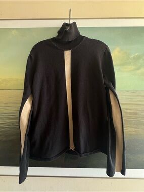 vintage Geoffrey Beene Black Turtleneck mock neck Sweater with Cream Stripes